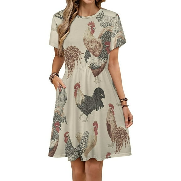 Chicken Pattern Short Sleeve Dress Women Summer Evening Dresses Ladies Sundress