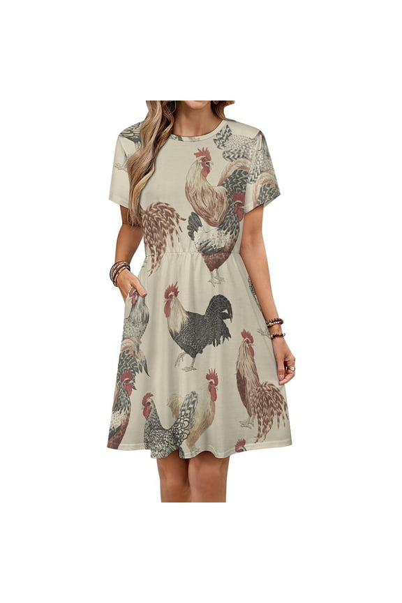 Chicken Pattern Short Sleeve Dress Women Summer Evening Dresses Ladies Sundress
