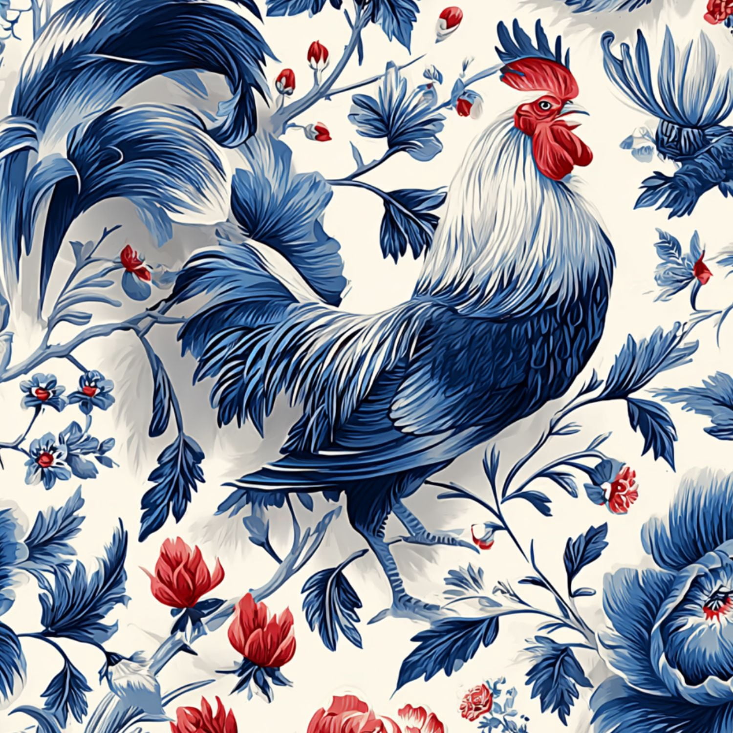 Chicken Peel and Stick Wallpaper Rooster Floral Blue Red Vintage Botanical Style Wall Mural 17.7in x 9.8ft Self Adhesive Removable Wall Paper Renter Friendly Wallpaper for Nursery Bedroom Cabinets