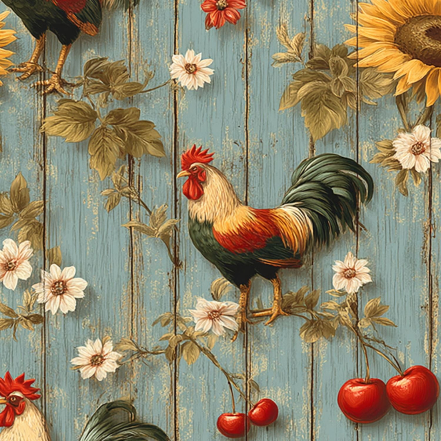 Chicken Peel and Stick Wallpaper Rooster Sunflower Rustic Farmhouse Blue Wooden Wall Mural 23.6in x 9.8ft Self Adhesive Removable Wall Paper Renter Friendly Wallpaper for Nursery Bedroom Cabinets