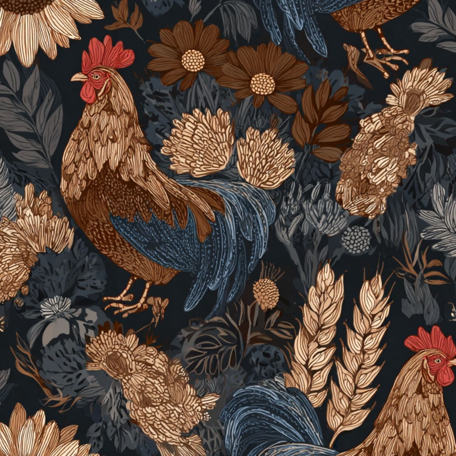 Chicken Peel and Stick Wallpaper Rustic Floral Rooster Sunflowers Daisies Wall Mural 17.7in x 9.8ft Self Adhesive Removable Wall Paper Renter Friendly Wallpaper for Nursery Bedroom Cabinets
