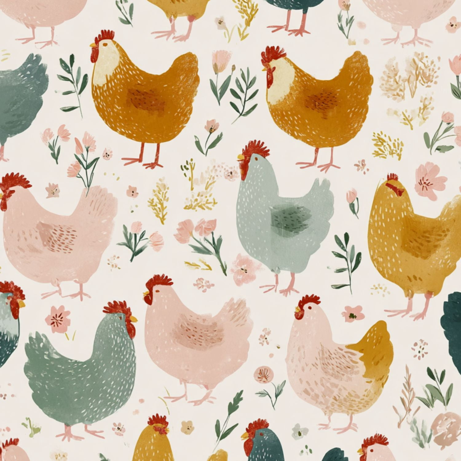 Chicken Peel and Stick Wallpaper Whimsical Hand Drawn Chicken Floral Accents Wall Mural 17.7in x 9.8ft Self Adhesive Removable Wall Paper Renter Friendly Wallpaper for Nursery Bedroom Cabinets
