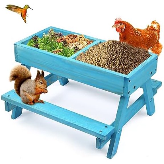 Chicken Picnic Table, Chicken Feeder No Waste Handmade Wooden, Large DIY Chicken Feeder Kit, Wild Bird, Duck & Squirrel Feeders, Mesh Bottom Keep Food Fresh and Dry Easy to Clean and Fill（Blue Paint）