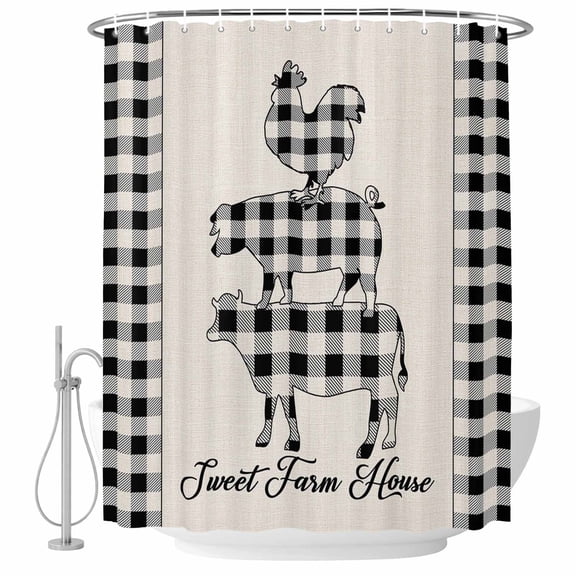 Chicken Pig Cow Buffalo Check Fabric Shower Curtain Sweet Farm House Plaid Side Washable Shower Curtains for Bathroom, Waterproof Bath Curtain with Hooks Home Decor 36x72in