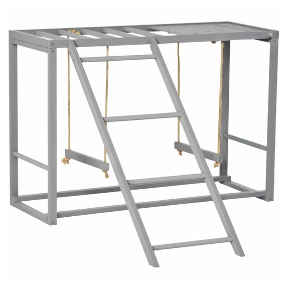 Chicken Playstand with Swing Set - Wooden Coop Activity Center for 3-4 Birds - Gray Hen Toy with Ladder & Perches