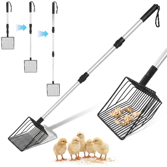 Chicken Poop Scooper,NOGIS 3 in 1 Adjustable Metal Long Handle Litter Scooper,Chicken Coop Cleaning Tools Scooper for Sifting Chicken Sand and Wood Shavings,Poop Shovel Chicken Coop Accessories