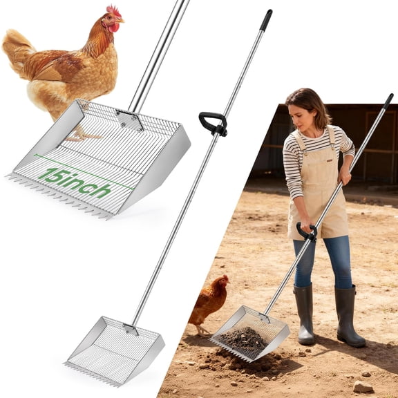 Chicken Poop Scooper Rake: 15in Extra Large Rake And Shovel Pooper With Plastic Handle Metal Coop Accessories Tool For Manure Cleaning In Small Poultry Stable