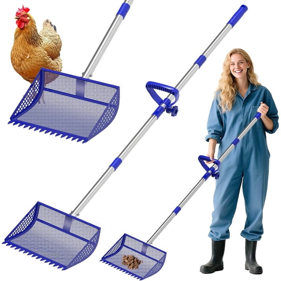 Chicken Poop Scooper Rake 2-in-1,304 Stainless Steel Shovel , Chicken Litter Scoop with Handle for Chicken Coop for Sand, Cleaning, Litter Sifting Shovel (35 to 65")