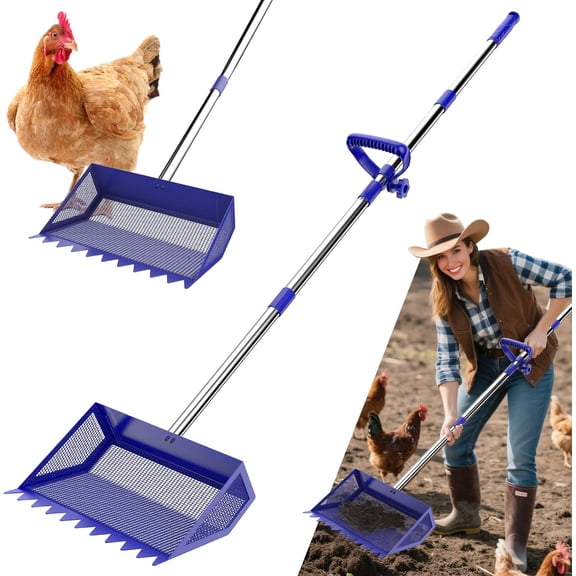 Chicken Poop Scooper & Rake 2-in-1,304 Stainless Steel Shovel Head, Chicken Litter Scoop with Handle for Chicken Coop & Pet Waste Cleaning, Litter Sifting Shovel (35 to 65") (Blue, 10inch)