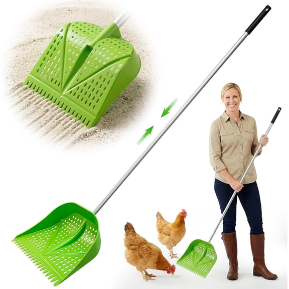 Chicken Poop Scooper & Rake 2-in-1, Adjustable Handle Length from 38" to 66", Features Manure Sifting Capability Ideal for Chicken Coops and Farm Animal Cleaning (Green)