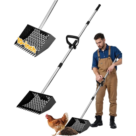 Chicken Poop Scooper & Rake 2-in-1 with Ergonomic Grip, Adjustable Length (22"61.5"), Metal Sifting Shovel with Holes for Chicken Coop Cleaning, Multifunctional Chicken Manure Scoop