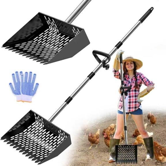 Chicken Poop Scooper & Rake 2-in-1, Metal Chicken Scoop with 35 to 65" Adjustable Stainless Steel Handle, Litter Scooper Sand Sifting Shovel Chicken Coops/Animals House