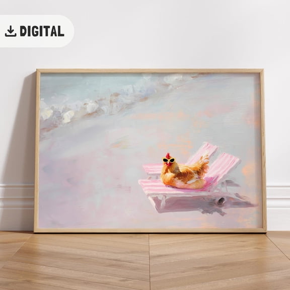 Chicken Poster Vintage Summer Beach Decoration Coastal Poster Wall Art Quirky Hen Home Decor Maximalist Dopamine Art Bird, Unframed Poster Size 8x12