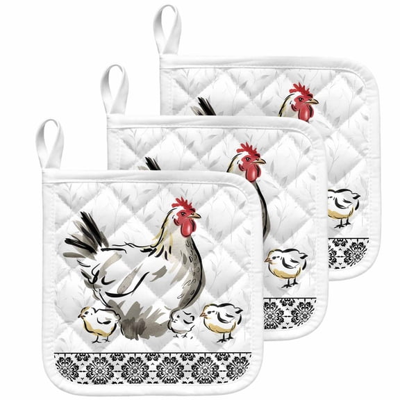 Chicken Pot Holders for Kitchen Heatproof Potholder, 3 Pack Farmhouse Country Animal Black Flower Leaf Hot Pads Multipurpose Oven Pads Cloth Potholders Trivet for Cooking Baking