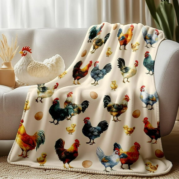 Chicken Print Blanket 59"x51" Farmhouse Rooster Throw Blankets Chicken Gifts Farm Animal Soft Flannel Plush Blankets Full Seasons Cozy Fuzzy Blanket