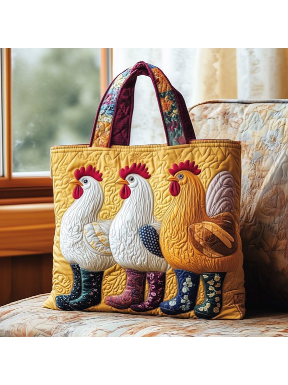 Chicken Quilted Tote Bag, Farm Hen Pattern Shoulder Tote, Cottagecore Country Market Bag