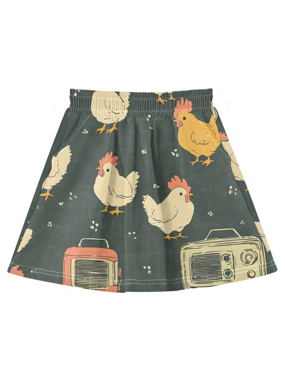 Chicken Radio Pattern Cotton Skirt Built-in Liner Elastic A-Line Flared Skirt with Pockets