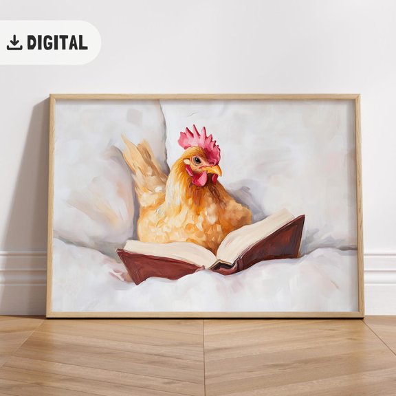 Chicken Reading Book Wall Art, Vintage Farmhouse Poster, Aesthetic Cottagecore Wall Art, Hen Poster Decor, Rooster Poster, Unframed Canvas Size 8x12
