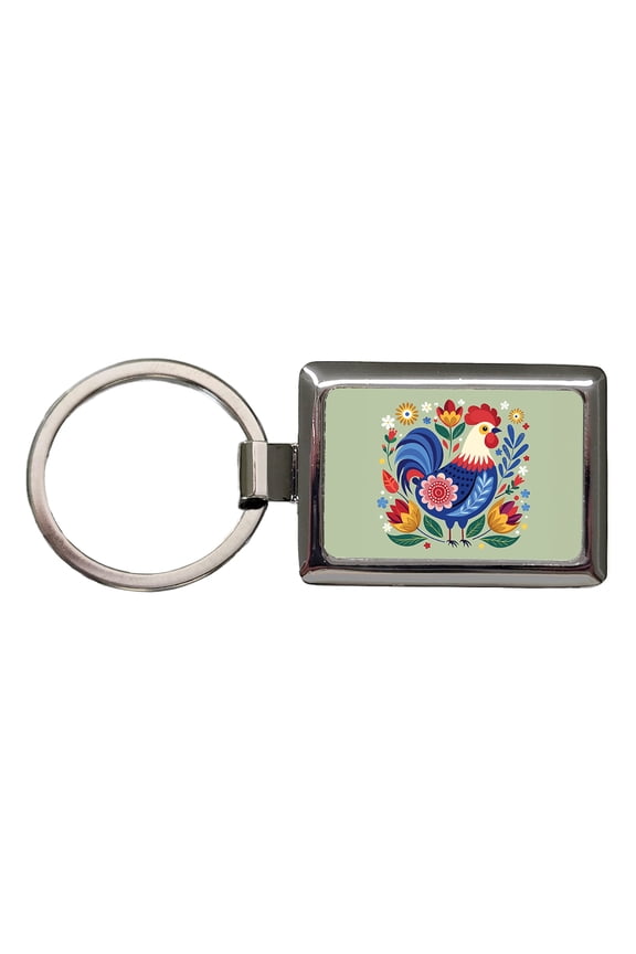 Chicken Rooster Floral Flowers Metal Rectangle Keychain