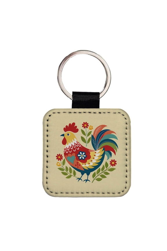Chicken Rooster Flowers Faux Leather Square Keychain
