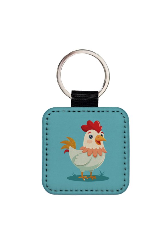 Chicken Rooster Happy Faux Leather Square Keychain
