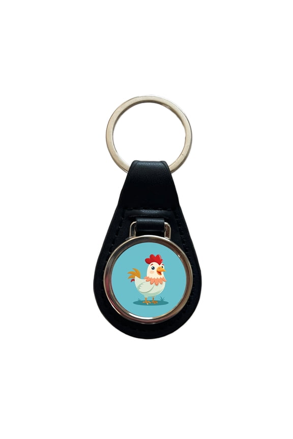 Chicken Rooster Happy Metal Black Leather Keychain