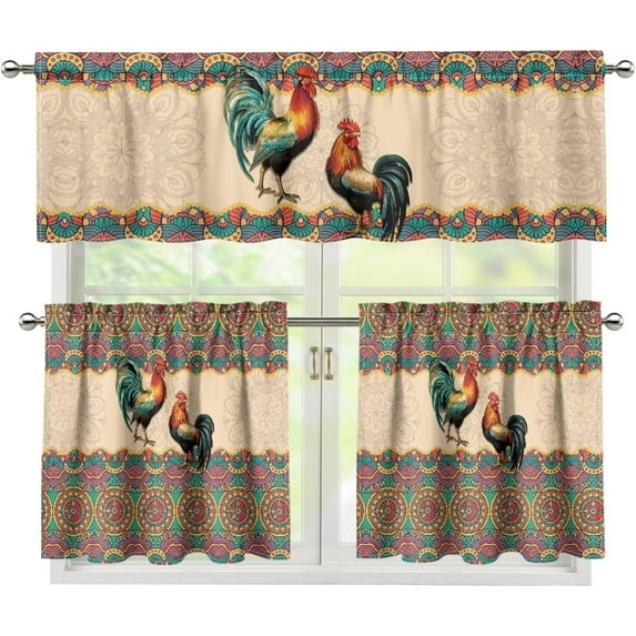 Chicken Rooster Kitchen Curtain Valance and Tiers Set of 3, Farmhouse Rustic Country Short Tier Curtains, Soft Touch Window Curtains for Kitchen Decor 36 inch Length