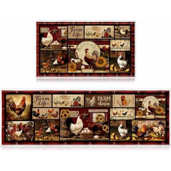 Chicken Rooster Kitchen Rugs Set of 2, Washable Non-Slip Chicken Kitchen Mats Decor for Country Farmhouse Home Indoor Outdoor Microfiber Sunflower Chick Floor Mat Decorations 17x29 and 17x47 Inch