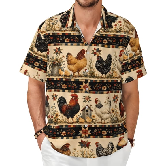 Chicken Rooster Men's Shirts Short-Sleeved with All-Over Prints Button-Up Shirts