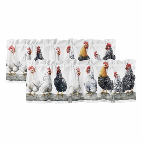 Chicken Rooster Window Valance, Farmhouse Animal 2 Pack Decorative Curtain for Small Windows, Light Filtering Valance with 3” Rod Pocket, 42"W x 12"L