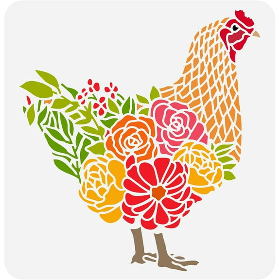 Chicken Rooster with Flowers Grass Drawing Template - 11.8x11.8inch Plastic PET Painting Stencil for DIY Home Farm Furniture Wall Floor Decoration