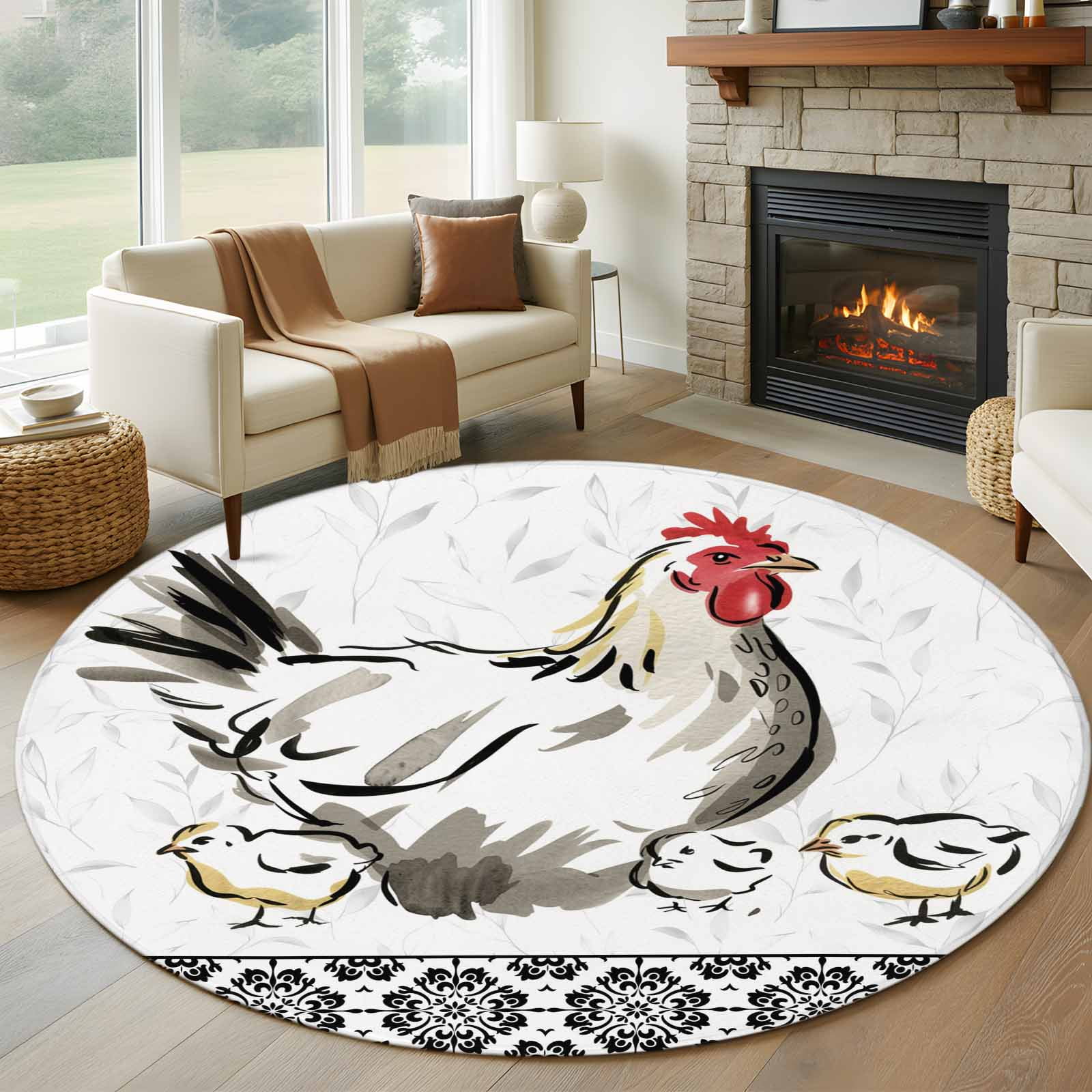 Chicken Round Rug 5ft Washable Circle Kitchen Rugs Non Slip Farmhouse ...