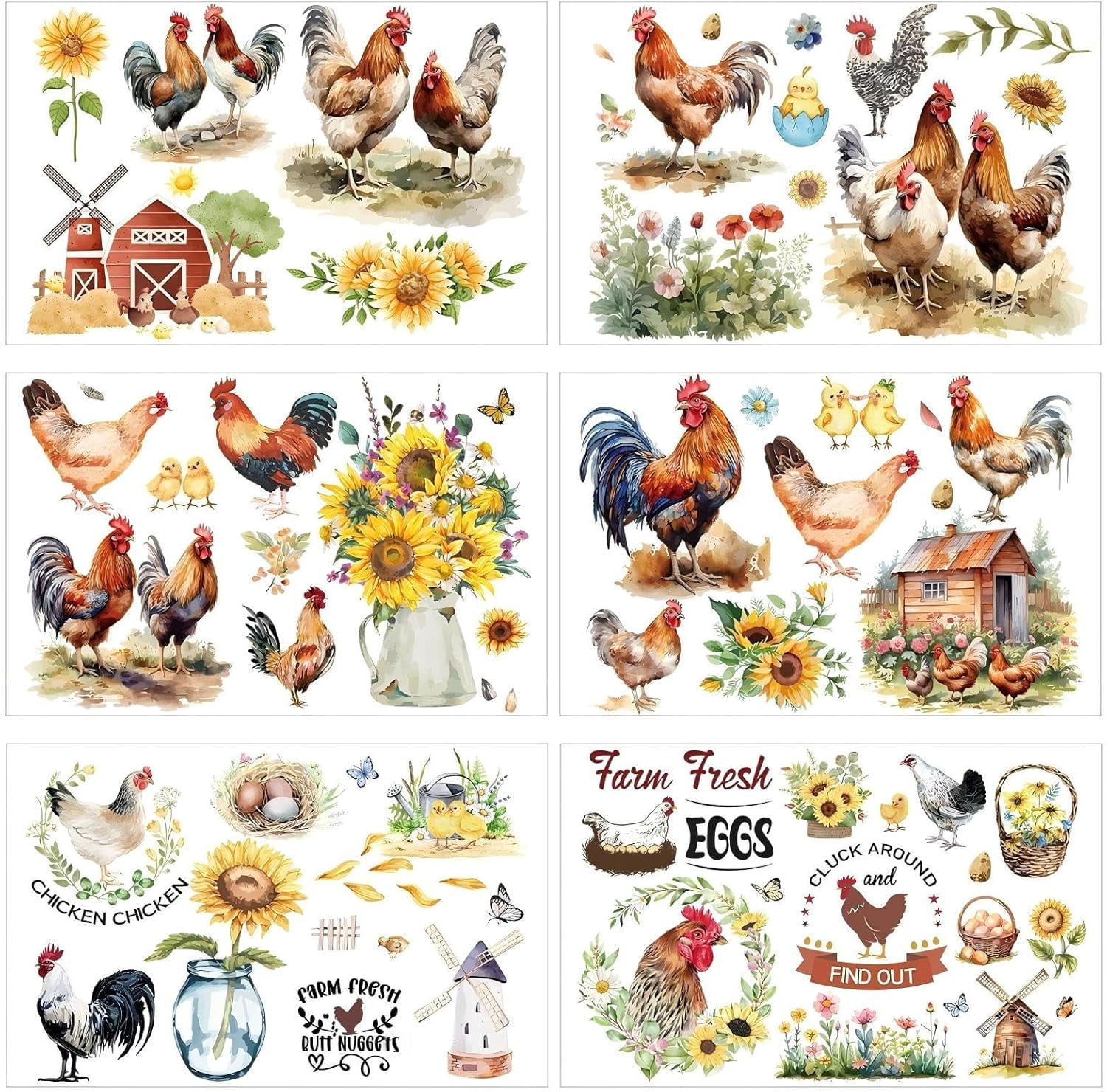 Chicken Rub on Transfers for Crafts - 6 Sheets Farm Rub on Transfer Stickers for Furniture Sunflower Rub on Transfers for Wood Glass Scrapbook DIY Home Decor 11.8x7.9 Inch