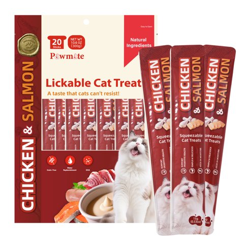Pawmate Chicken & Salmon Lickable Cat Treats, 20 Sticks, Grain-Free Creamy Treats for Cats