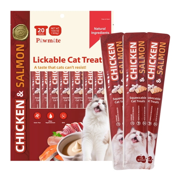 Pawmate Chicken & Salmon Lickable Cat Treats, 20 Sticks, Grain-Free Creamy Treats for Cats