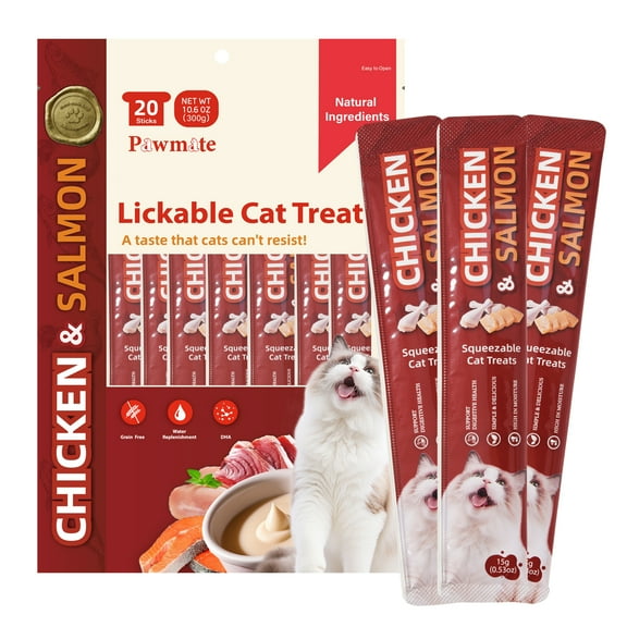 Pawmate Chicken & Salmon Lickable Cat Treats, 20 Sticks, Grain-Free Creamy Treats for Cats
