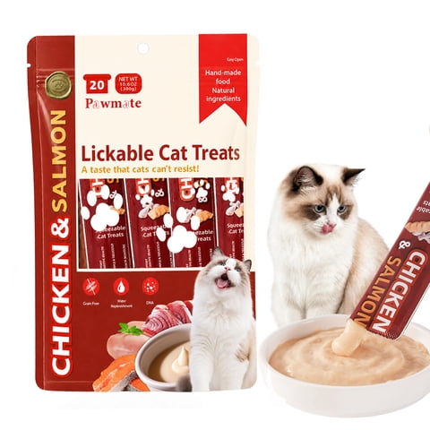 Pawmate Chicken & Salmon Lickable Cat Treats, 20 Sticks, Grain-Free Creamy Treats for Cats