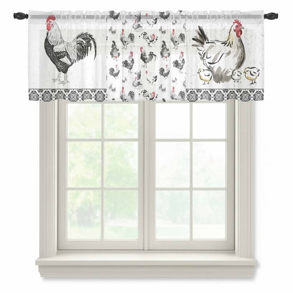 Chicken Semi Sheer Valance Curtains Rustic Rooster Hen Floral Black Farm Animal Voile Valances Curtain Rod Pocket Small Window Treatment for Kitchen Bathroom Cafe 60"x18"