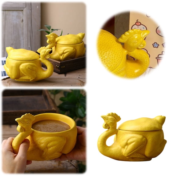 Chicken Shaped Ceramic Mug With Lid Novelty Baked Coffee Cup Fun Drinkware For Home Kitchen Gifting(Yellow-15X10Cm)