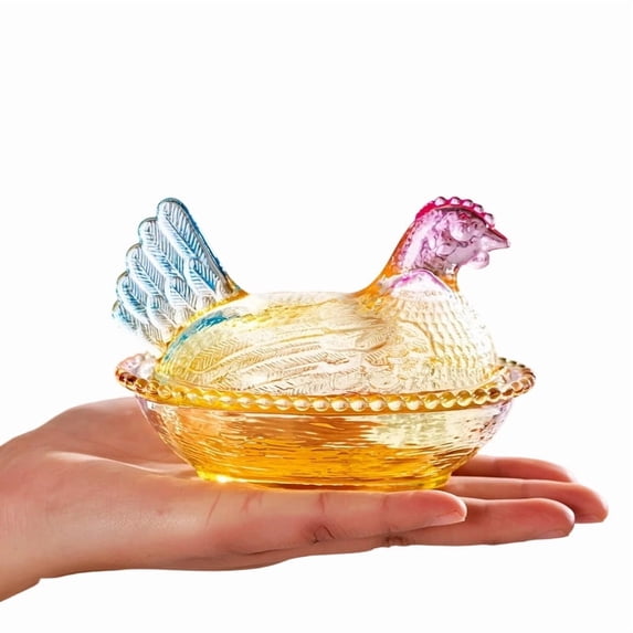 Chicken Shaped Dish, Crystal Glasses Hen on Nest Candy Dish with Lid Retro Bowl Jar Table Decorations Colorful Vintage Canister Dessert Plate for Home Countertop Kitchen