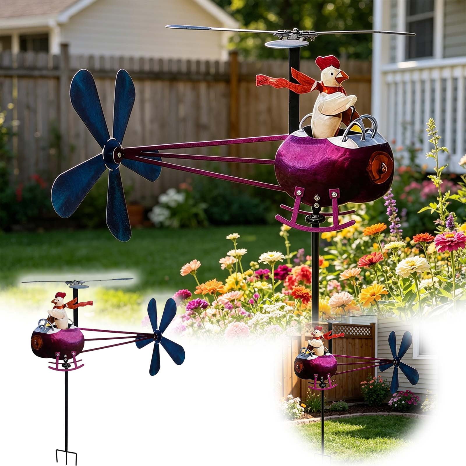 Chicken Shaped Helicopter Metal Windmill, Whirlygig Wind Spinner with ...