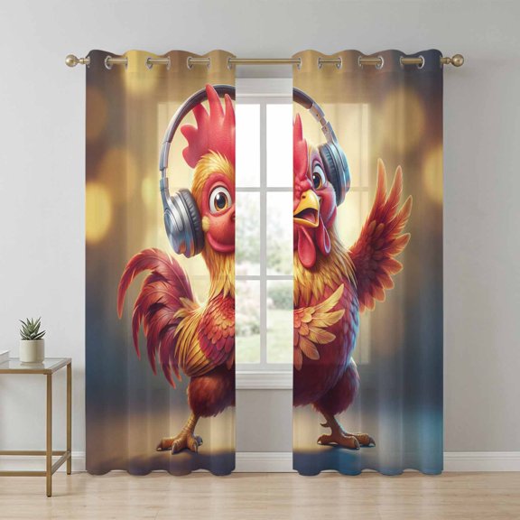 Chicken Sheer Curtains 72 Inch Long 2 Panels, Abstract Headphone Chicken Shiny Light Background Light Filtering Semi Sheer Drapes Grommet Voile Window Curtain for Living Bedroom W52 x L72