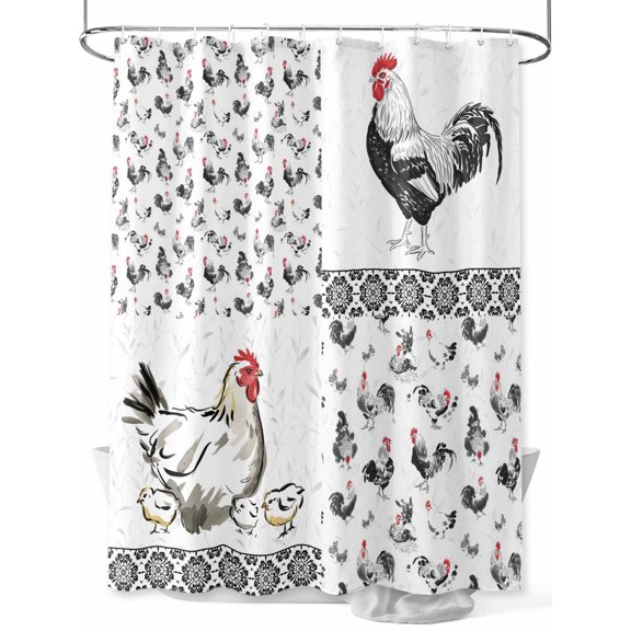 Chicken Shower Curtain Set ,Waterproof Fabric Shower Curtains Rustic Rooster Hen Floral Black Farm Animal Shower Curtains for Bathroom,Bathroom Decor 72"x72"