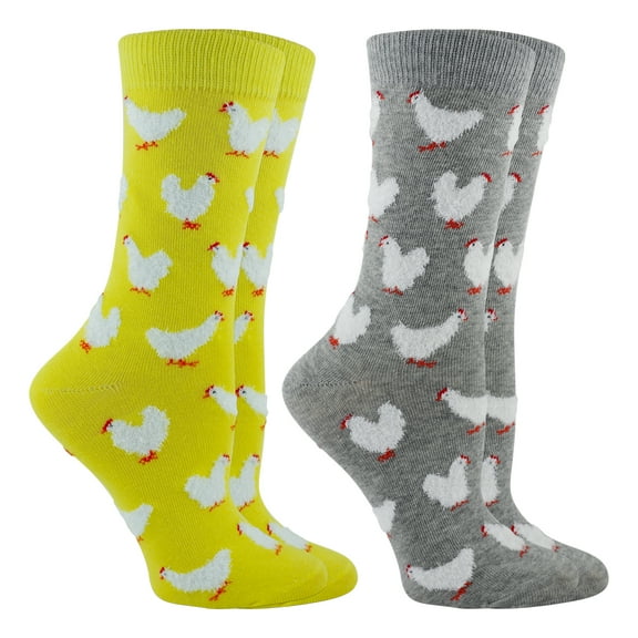 Chicken Socks 2-Pack Fuzzy Chickens (Yellow/Gray Heather, Medium)