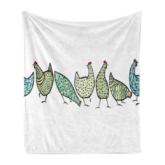 Chicken Soft Flannel Fleece Throw Blanket, Farm Animals in Ornamental Geometric Childish Poultry Agriculture Kids, Cozy Plush for Indoor and Outdoor Use, 50" x 70", Pale Green and White, by Ambesonne