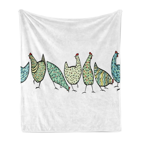 Chicken Soft Flannel Fleece Throw Blanket, Farm Animals in Ornamental Geometric Childish Poultry Agriculture Kids, Cozy Plush for Indoor and Outdoor Use, 70" x 90", Pale Green and White, by Ambesonne