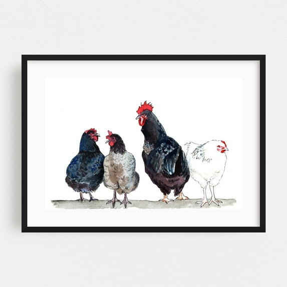 Chicken Squad - Illustration Watercolor Farmhouse Animal Farm Rural Black Framed Wall Art Print 12 x 16 inches