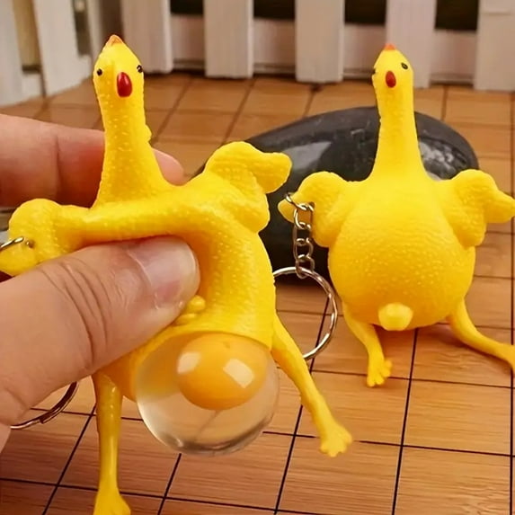 Chicken Squishy Toy Yellow Kawaii Keychain with Egg-Laying Feature for Stress Relief and Relaxation