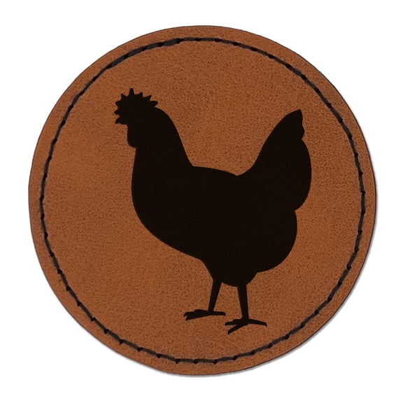 Chicken Standing Solid 2.5" Faux Leather Round Engraved Iron-On Patch - Brown