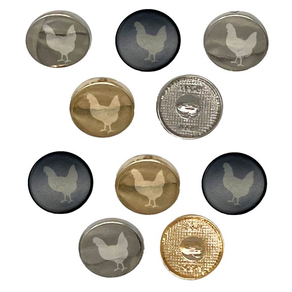 Chicken Standing Solid Set of 10 Metal 0.6" (15mm) Sewing Shank Round Buttons - Black Color
